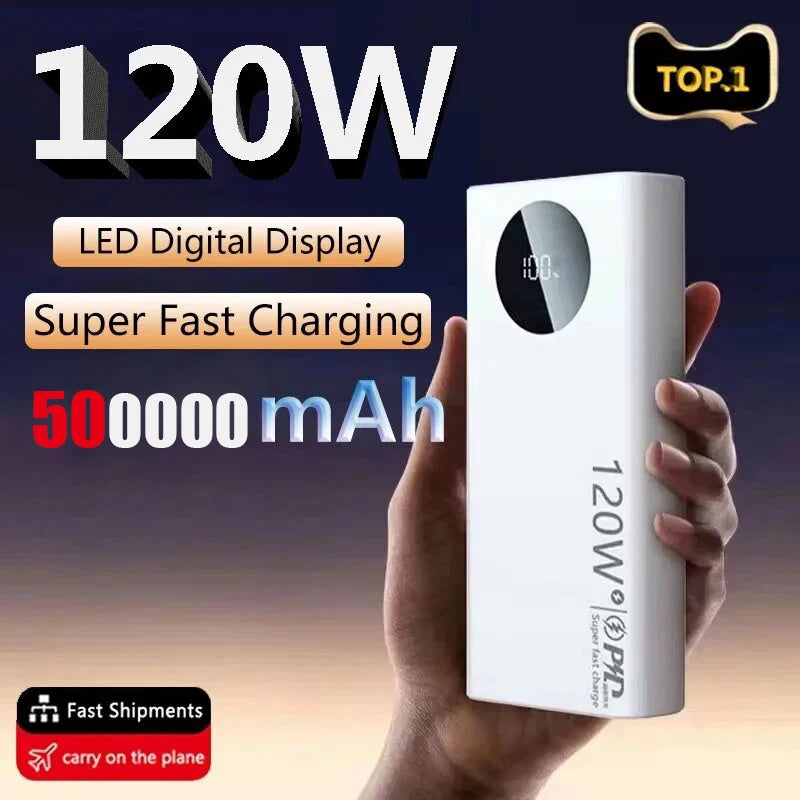 Power Bank 500,000mAh 120W – Carga Rápida para Todo Tipo de Dispositivos